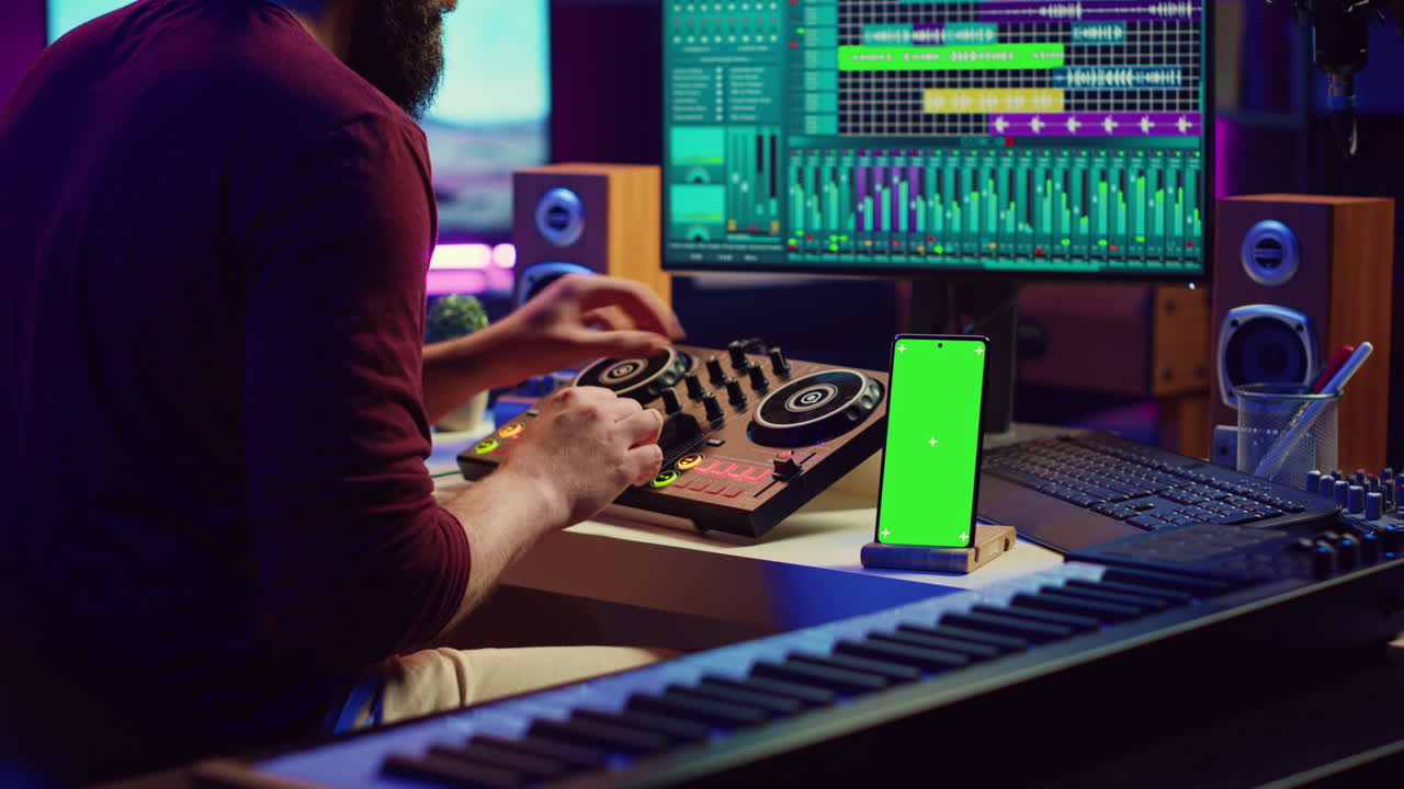 소리 엔지니어는 자신의 홈 스튜디오에서 싱 및 마스터링 기술을 연구하고 있습니다.