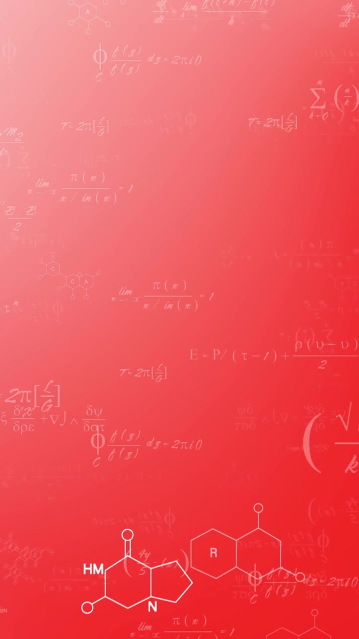 Animazione di equazioni matematiche e strutture chimiche su sfondo sfumato rosa.