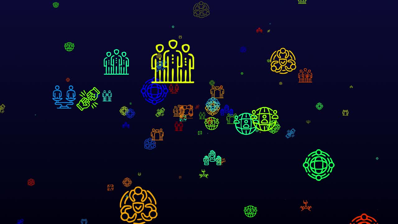 National tolerance Day. neon icons background. seamless pattern. loop animation. small, multicolored icons, illustrations or logos appear, fly slowly on black backdrop