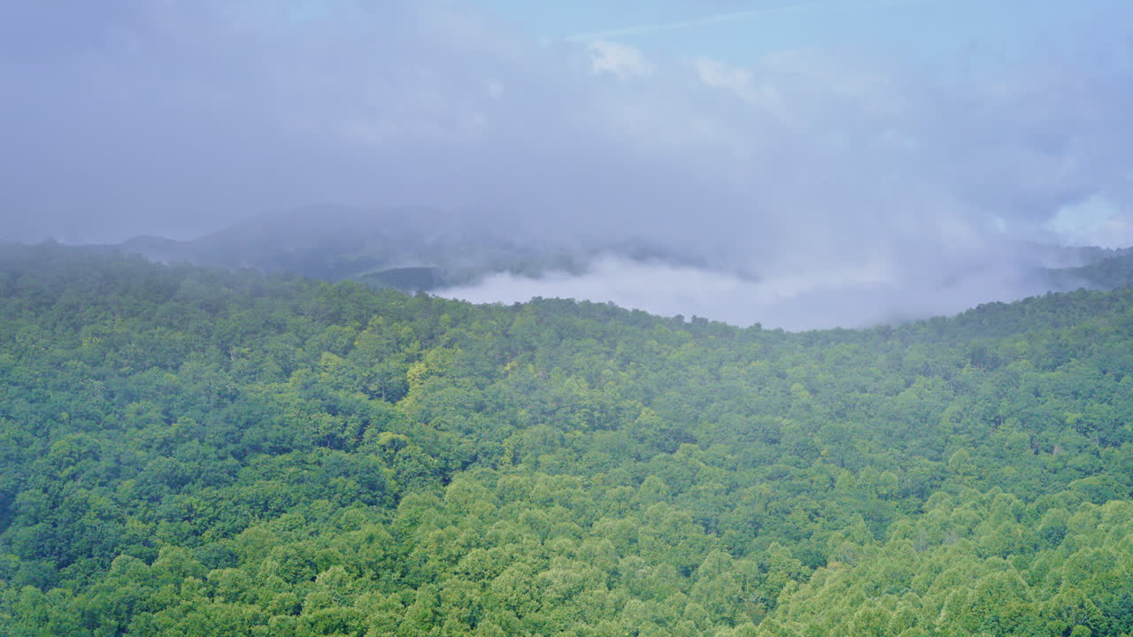 Fog and mist blanket the Smoky Mountains as a drone floats forward