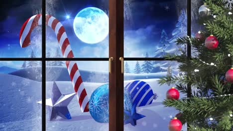 Animation-of-winter-landscape-and-christmas-decoration-seen-through-window