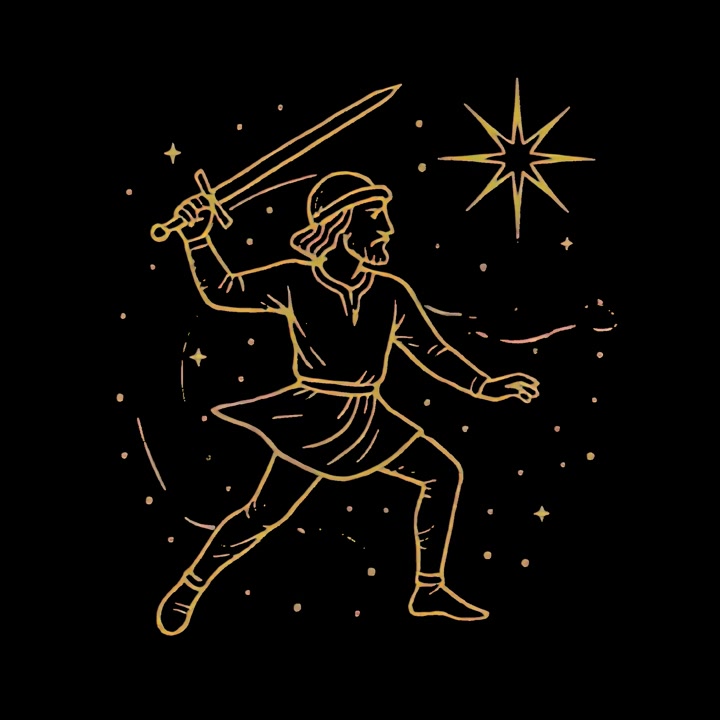 Illustrazione animata in line art di un guerriero medievale con spada