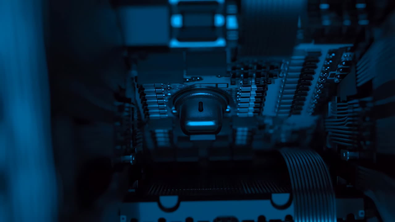 Close-up of Futuristic Electronic Components with Blue Light