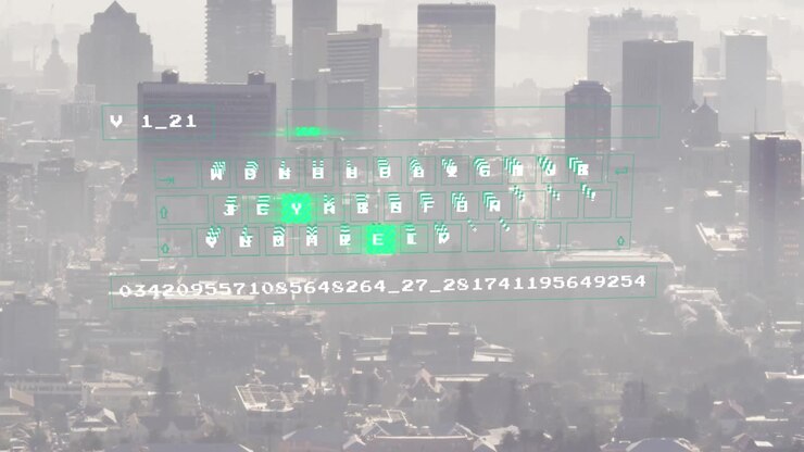 Animation of digital data processing over cityscape
