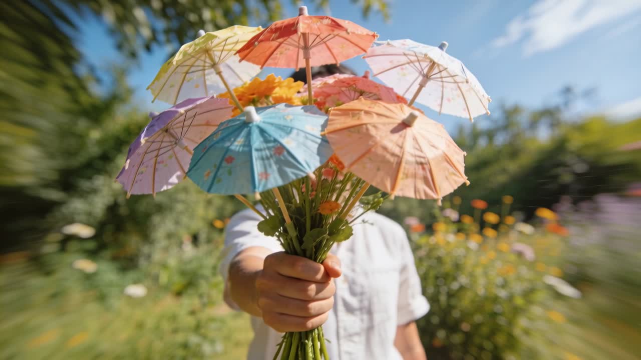 Mostrando a un hombre que extiende un ramo mientras la cámara se acerca en un jardín, vistiendo una camisa de manga corta con sombrillas.
