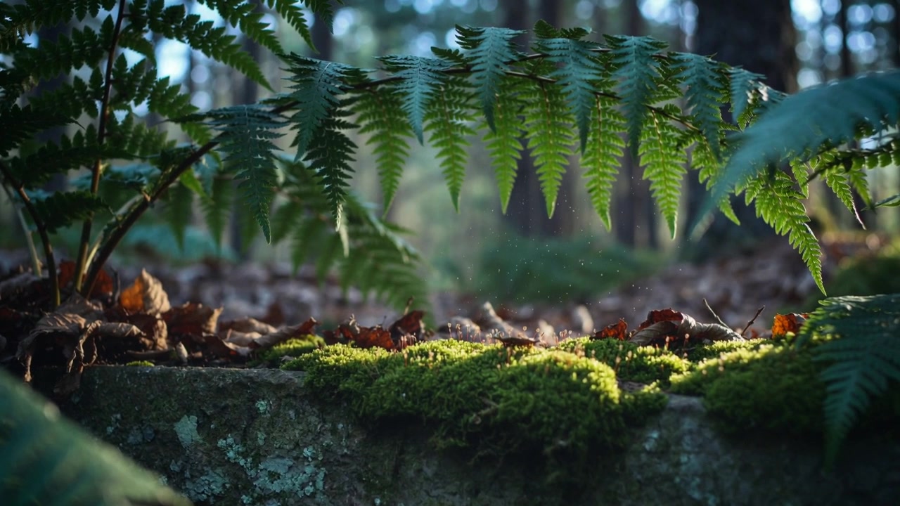 Sporgenza di pietra muschiosa che ondeggia e fronda di felce arcuata sul suolo della foresta, con la brezza che solleva granelli di polvere.