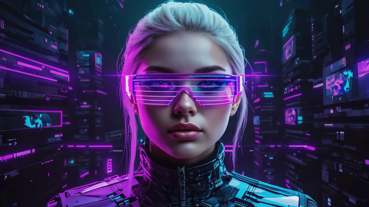 Cyberpunk Futuristic Woman with Neon Glasses in a Digital Cityscape