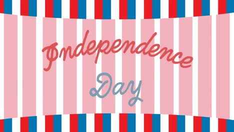 animation of independence day text over stripes of american flag