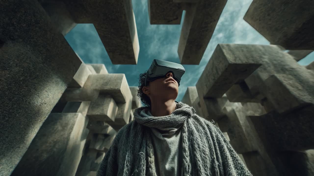 A Young Individual Immersed in Virtual Reality Experiences While Surrounded by Abstract Geometric Structures, Capturing the Intersection of Technology and Imagination in an Artistic Landscape