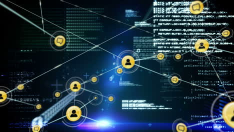 conectores en movimiento y datos digitales en fondo negro