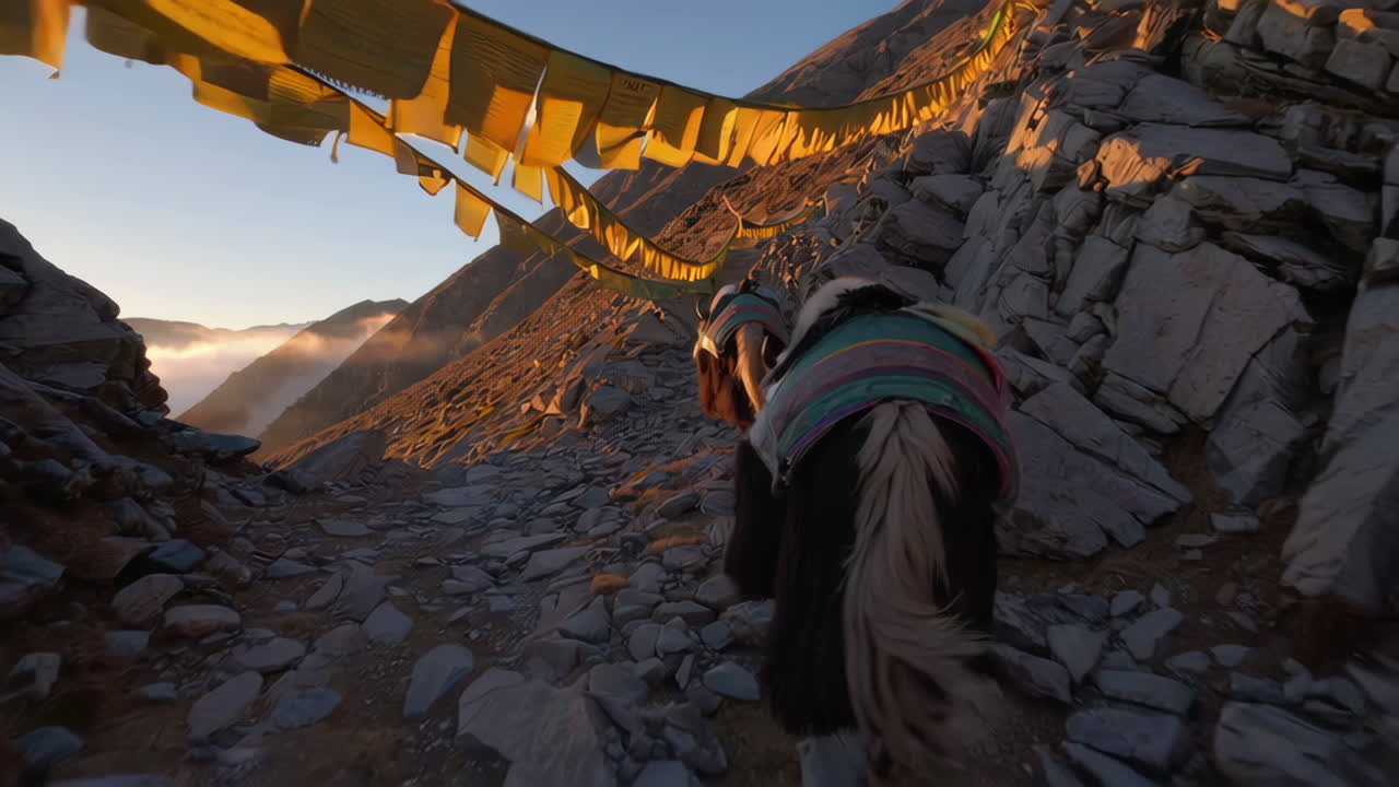 caminata al amanecer con yaks y banderas de oración