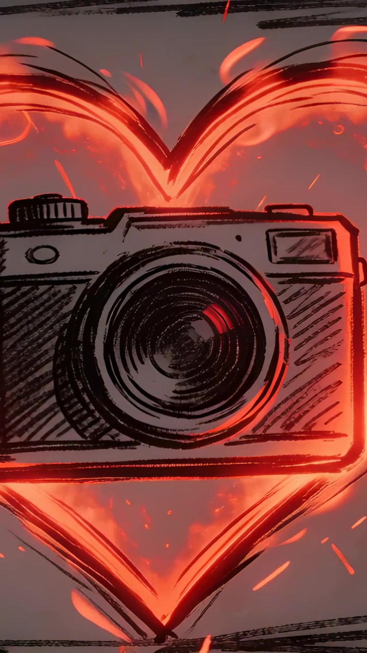 Video verticale: Telecamera con effetto schizzo pulsante mentre tratti a forma di cuore brillano sul grigio, con scintille della telecamera che fluttuano.