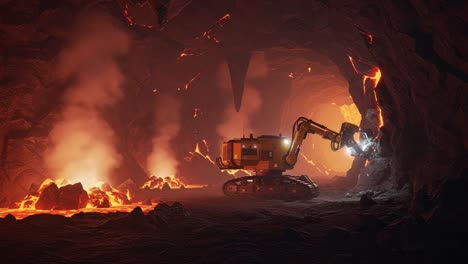 a robotic mining vehicle explores a fiery volcanic cave, utilizing advanced machinery to navigate through molten rock and smoke in a surreal landscape of glowing magma