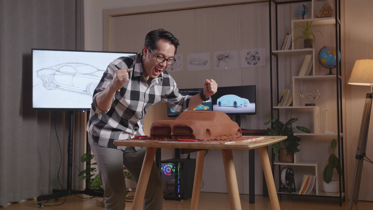 hombre asiático diseñador de automóviles celebrando el éxito trabajando en la escultura de arcilla de automóviles por rastrillo o alambre en el estudio
