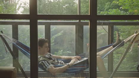 man sitting in hammock using laptop computer - wide