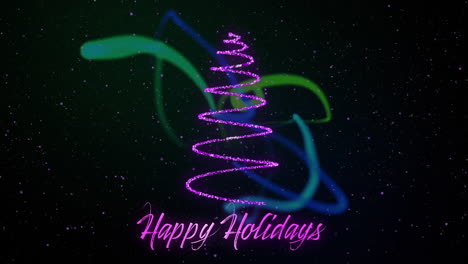animation of snow falling over season's greetings text and christmas tree formed with shooting star