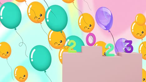 animation of 2023 text and christmas balloons in background