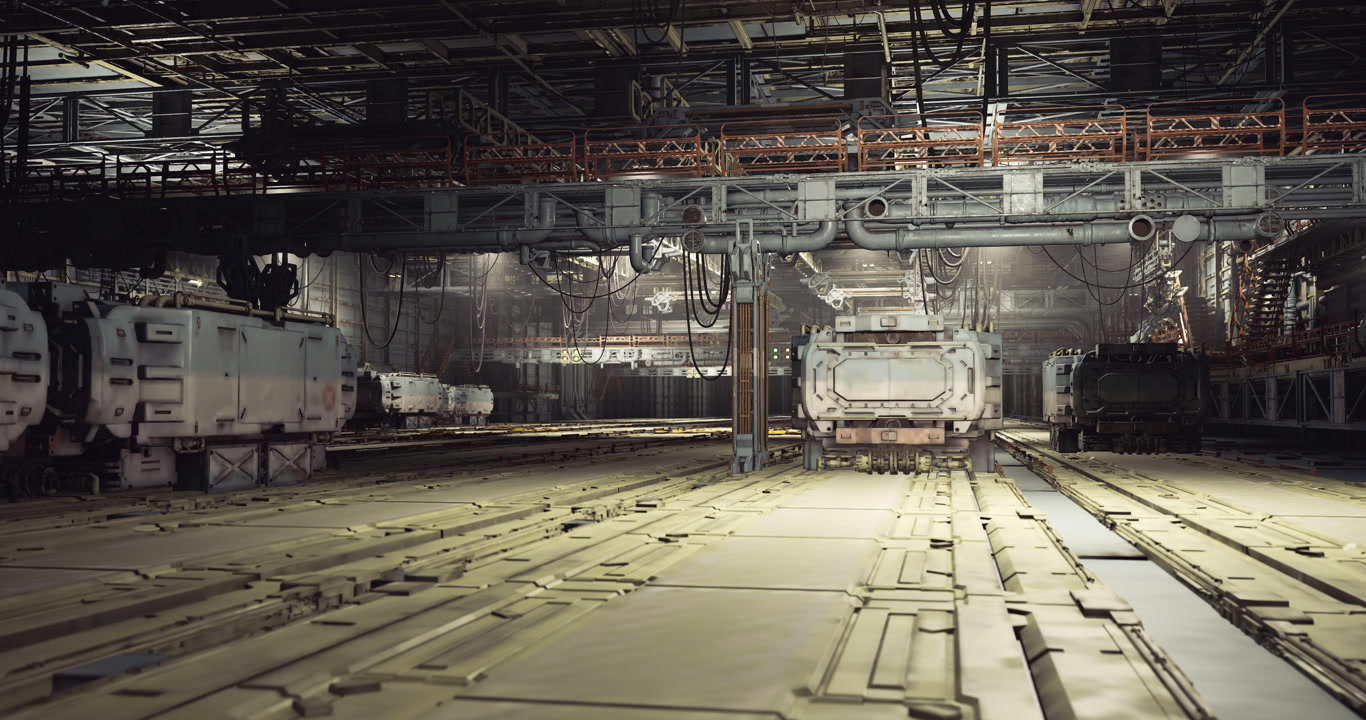 Inspection scene inside factory with overhead cranes and tools