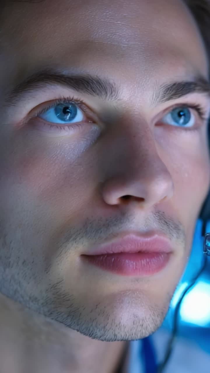 Close-Up of a Young Person with Striking Blue Eyes and a Focused Expression, Wearing a Headset and Engaging with a Digital Interface in a Bright Environment