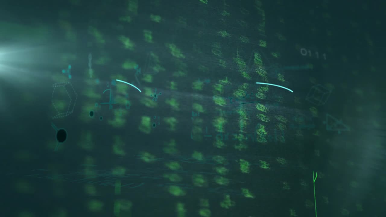 Neon circuits glowing igniting code scrolling cyan circles pulsing morphing arrow boxes for scan