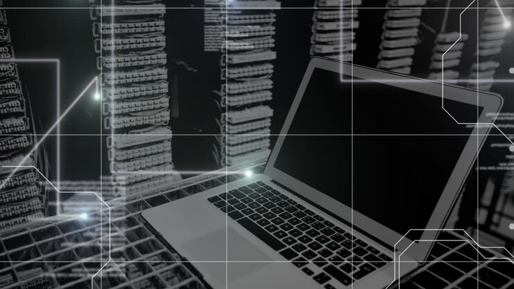 Animation of data processing and light trails with laptop over server room