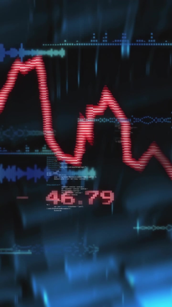 Vertical video: When data pulse red line rising over grid ticks flashing dots forming showing trend