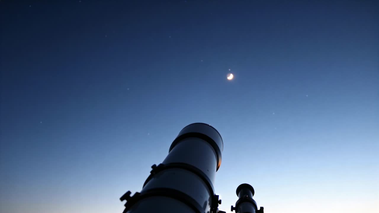 Luna creciente a la deriva y planeta brillante moviéndose hacia arriba mientras el crepúsculo se profundiza sobre el patio con telescopios abajo.