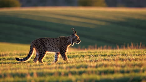 lynx walking through a grassy field at golden hour