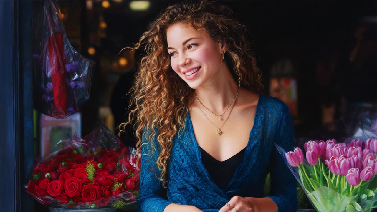 A warm and enchanting moment captured in a flower shop as a vibrant young woman with curly hair smiles joyfully while surrounded by lush bouquets of roses and tulips, embodying happiness and beauty