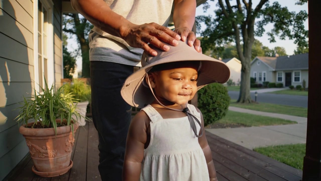 Un genitore solleva il cappello e abbassa un cappello da sole su un bambino con un vestito chiaro sul portico, proteggendolo dal sole.