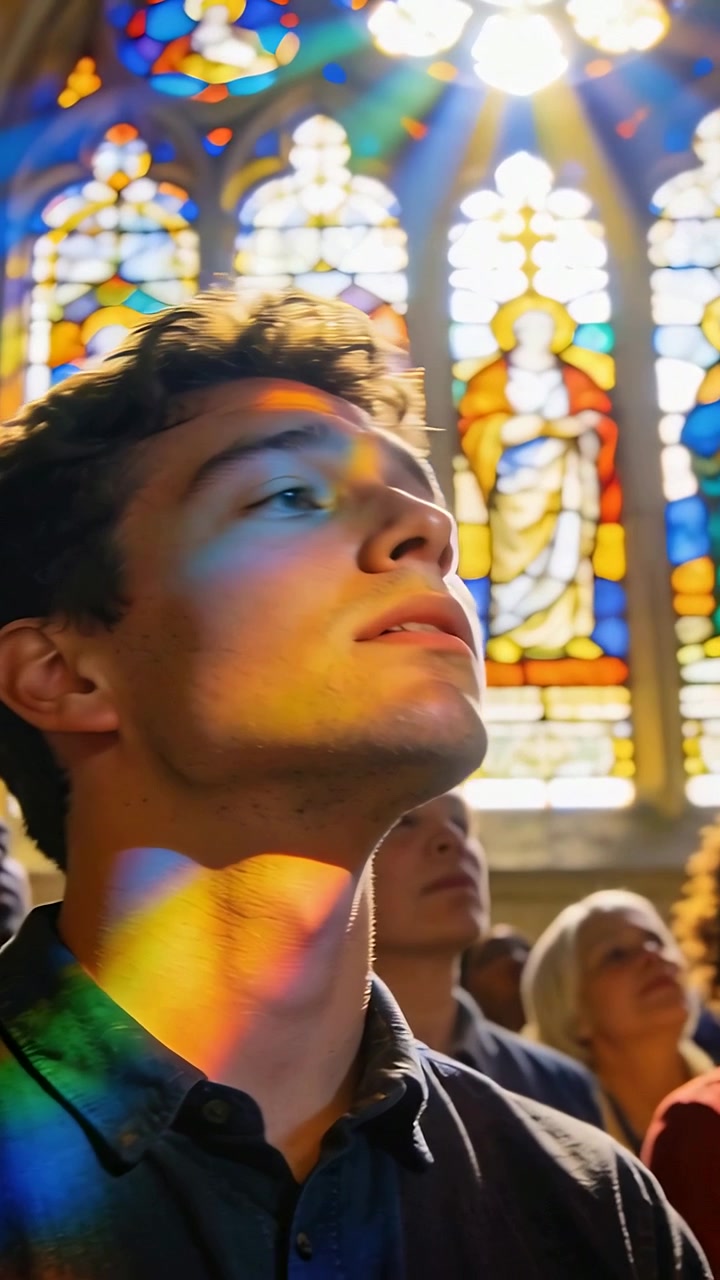 Vertical video: Gazing man in dark shirt tilting to stained-glass in church, sunlight casting hues