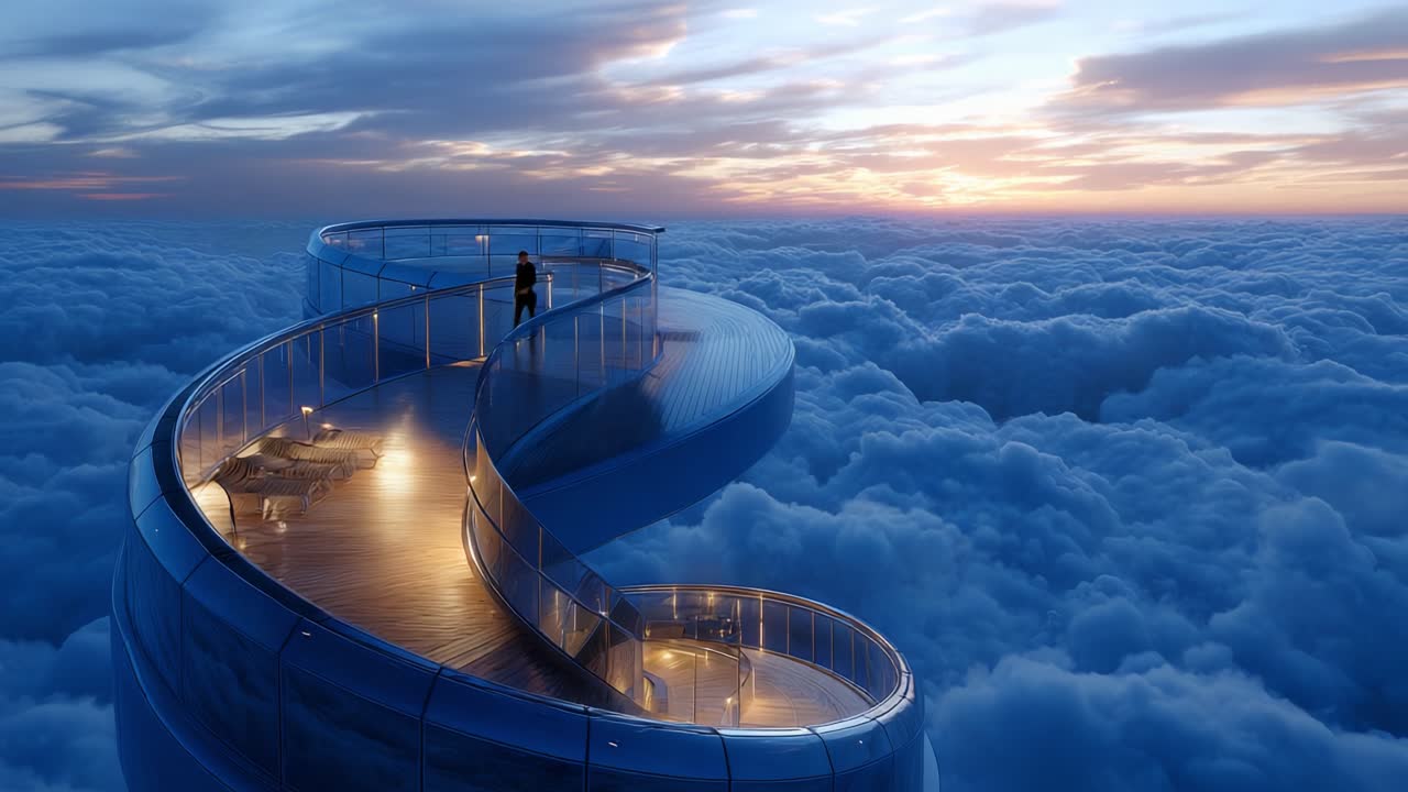 Breathtaking View from a Modern Spiral Platform Overlooking Majestic Clouds at Dusk, Featuring a Calm Individual Contemplating the Horizon Amidst a Stunning Twilight Landscape