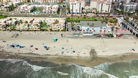 Kalifornien-Am-Meer,-Schwenk-Nach-Rechts,-Blick-Auf-Den-Strand,-Sand,-Surfen,-Radweg,-Hotels-Und-Den-Pier