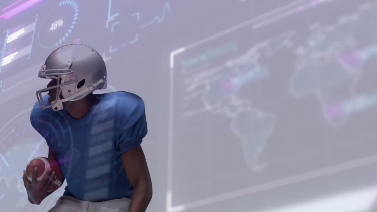 Male football player crouching in studio, showing sports analytics with animated gauges, charts