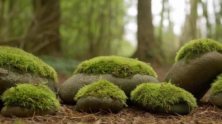 Cluster of smooth stones topped with bright green moss resting on brown pine needle litter in shaded woodland understory, showing earthy texture, damp ground, and calm natural mood