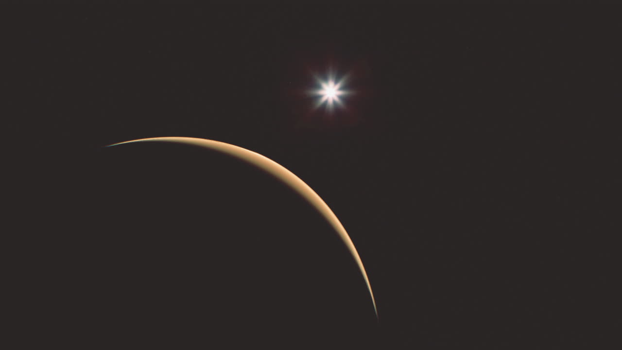 Mars showcases its surface under a bright star in the dark cosmos