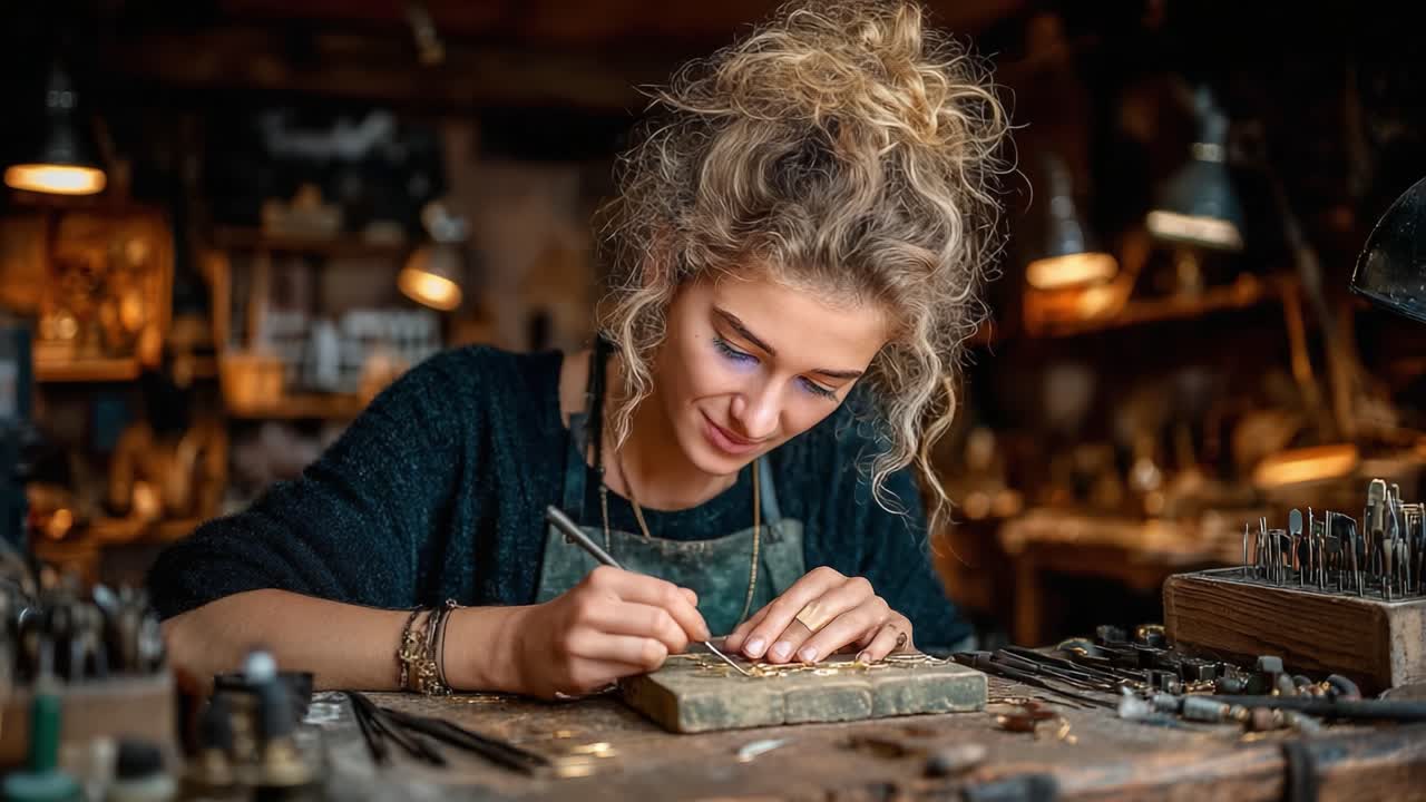 Creazione artigianale: una giovane donna concentrata è impegnata nella creazione di gioielli dettagliati, mostrando abilità e passione in un laboratorio pieno di strumenti e vita.