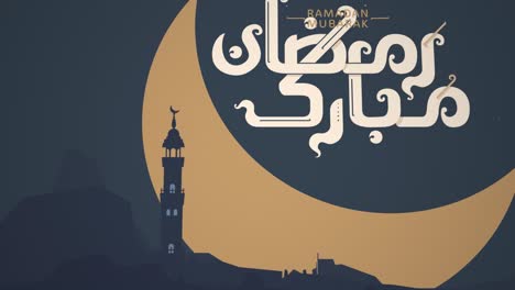 ramadan mubarak greeting in arabic lettering and english "blessed ramadan" with city skyline, hilal, mosque's dome and towers