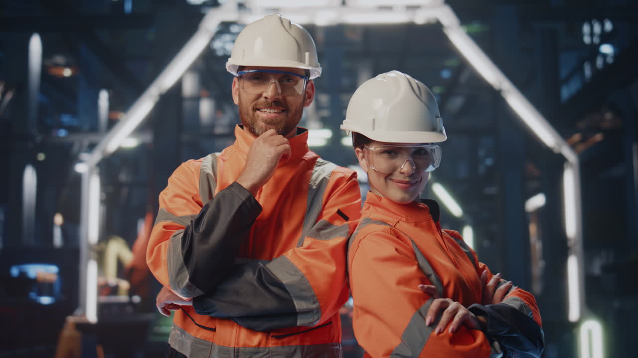 trabajadores profesionales de la fábrica posando en una moderna fábrica de la industria pesada de cerca.