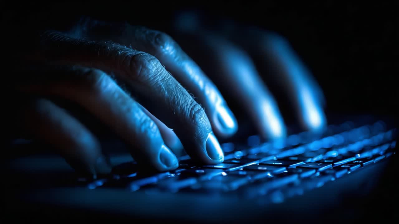 Close-Up of Human Hands Typing on a Keyboard in Low Light, Capturing the Intricate Details of Fingertips and the Subtle Glow of the Keys