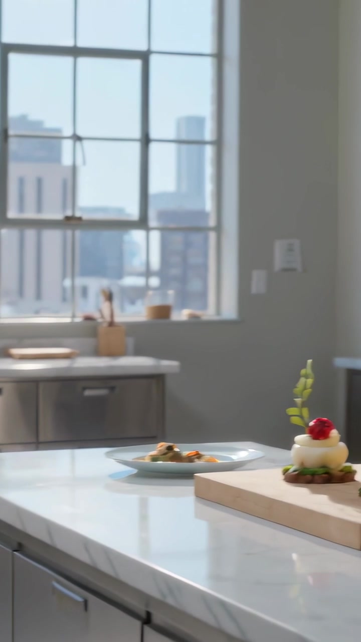 Video verticale: La telecamera si allontana dalle mani che usano un saldatore mentre uno chef in grembiule mostra un dessert.