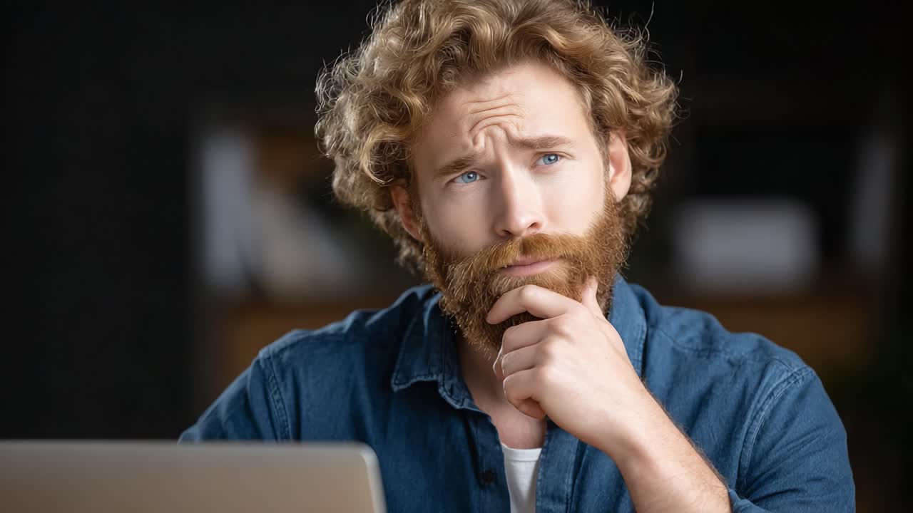 Contemplative Man with Curly Hair and Beard, Deep in Thought While Working on Laptop, Expressing Curiosity and Reflection in a Modern Home Office Environment