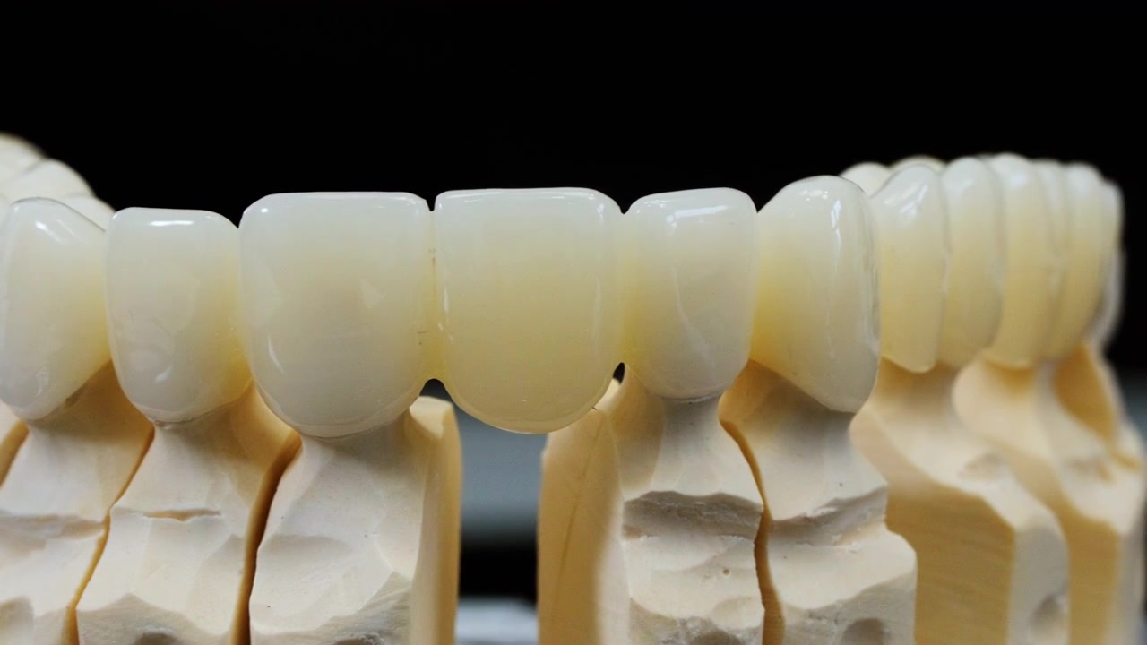 Macro close up of ceramic dental bridge and crown prosthetics mounted on plaster model used for restorative and cosmetic dentistry procedures.
