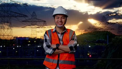 ingeniero masculino asiático con casco de seguridad cruzando los brazos y sonriendo a la cámara mientras está de pie cerca de la torre de alto voltaje