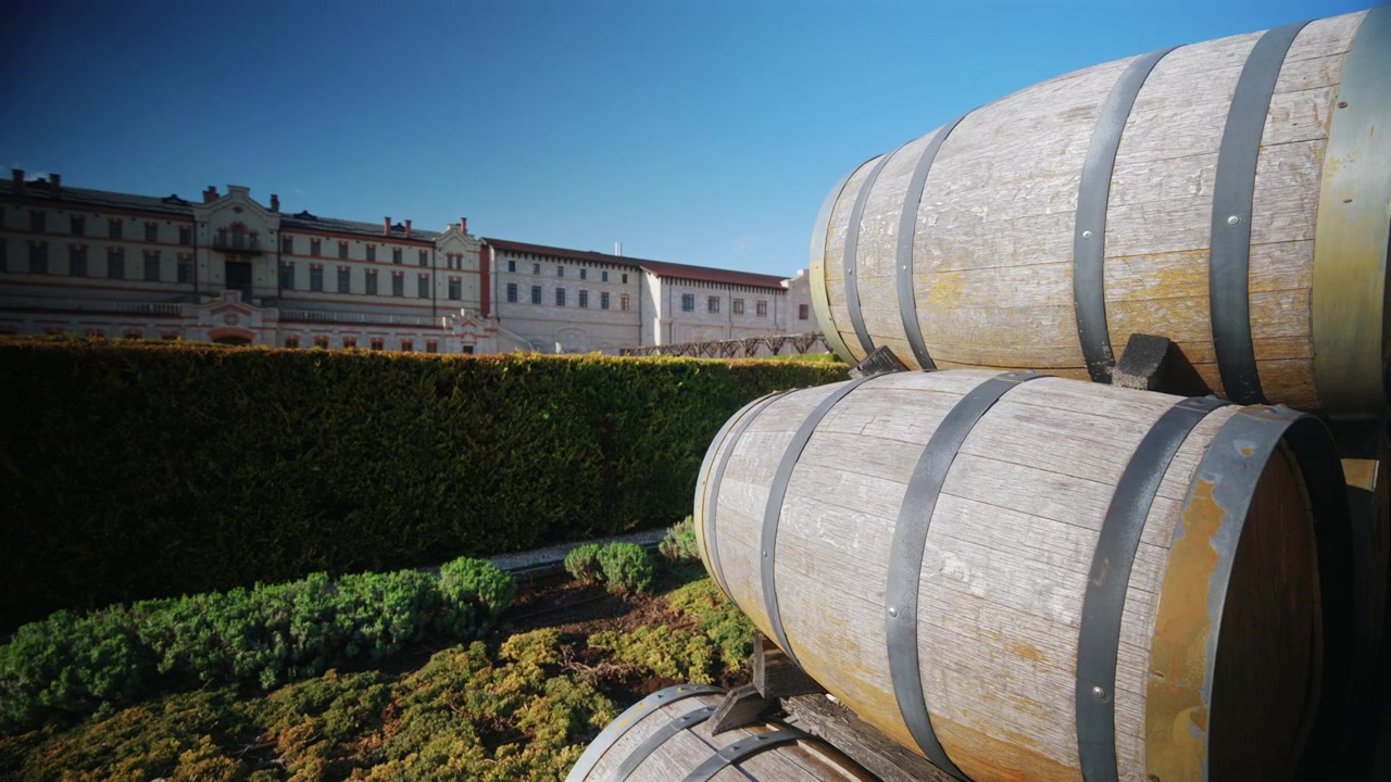 Vista suggestiva di botti di vino disposte nel giardino di una cantina in Moldavia, con siepi potate ed edifici storici della cantina.