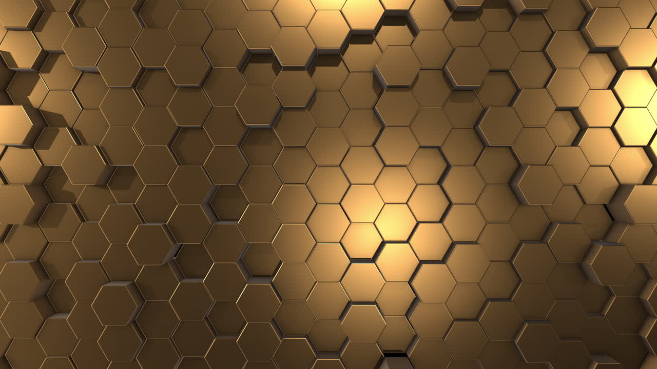 Animation of golden polygonal cylinders of hexagons. Textured 3D background with random movement of figures.