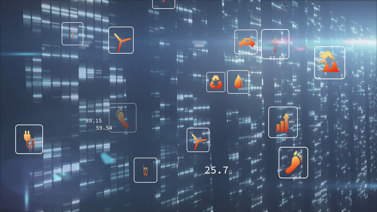Floating energy icons and data metrics over digital cityscape animation background