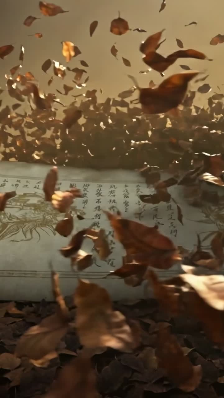 Video verticale: Una corrente d'aria solleva foglie secche che vorticano nella stanza e si posano su un pannello di calligrafia.