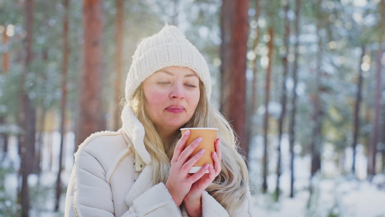 Woman enjoying a hot drink in a snowy forest