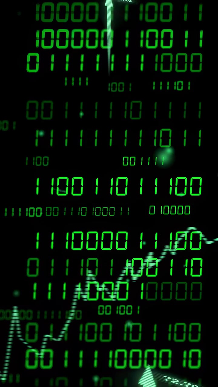 Vertical video: Incoming data updating, green binary panel showing moving line graph marking spikes